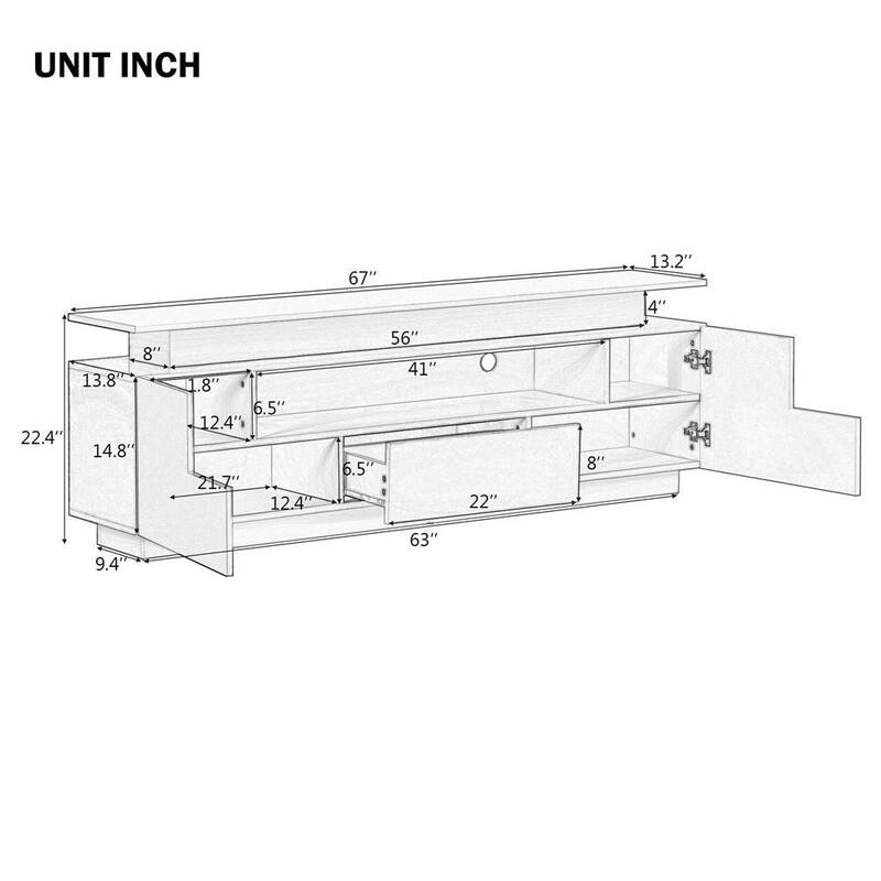 67 in. Black Modern Wood High Gloss TV Stand with 16-color LED Lights 2 Shelves 1 Drawer 2 Cabinets for 75+ inch TV