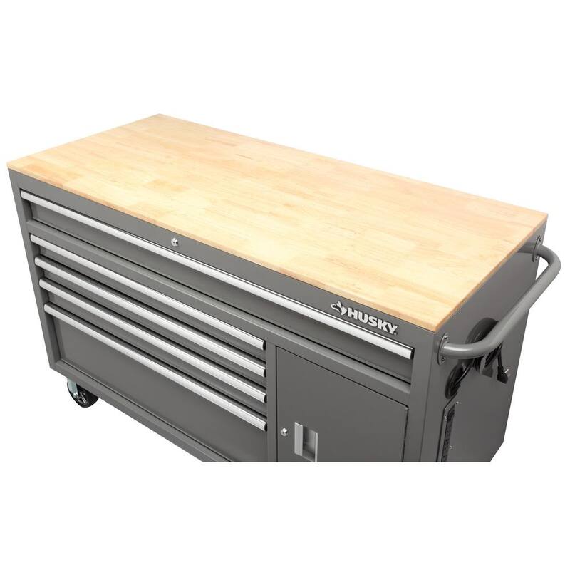 56 in. W x 24.5 in D Standard Duty 5-Drawer 1-Door Mobile Workbench Tool Chest with Solid Wood Top in Gloss Gray