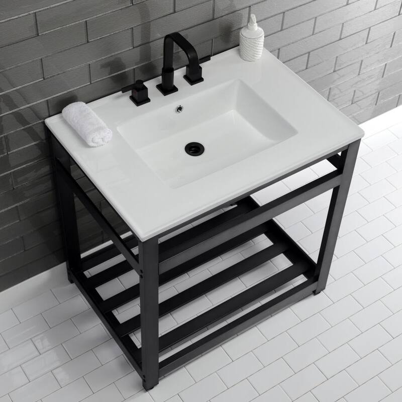 31 in. Ceramic Console Sink 8 in. in 3-Hole with Stainless Steel Base in Matte Black