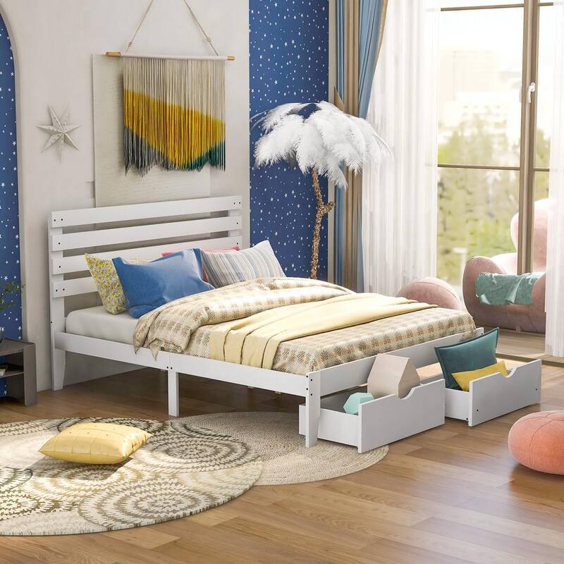 80.7 in. W White Queen Size Wood Frame Platform Bed with Drawers