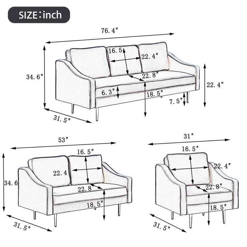 76 in. W Slope Arm Velvet Straight Modern Style Sofa Set Velvet Upholstered Couch Furniture in Gray