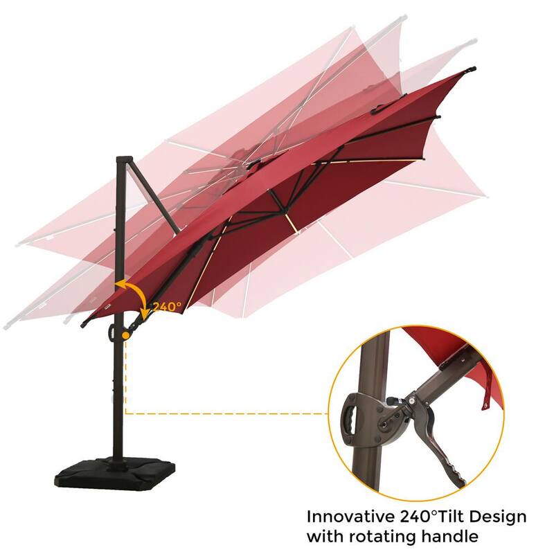 10 ft. x 10 ft. 360-Degree Rotating Aluminum Cantilever Solar Light Patio Umbrella with Base Weight in Dark Red