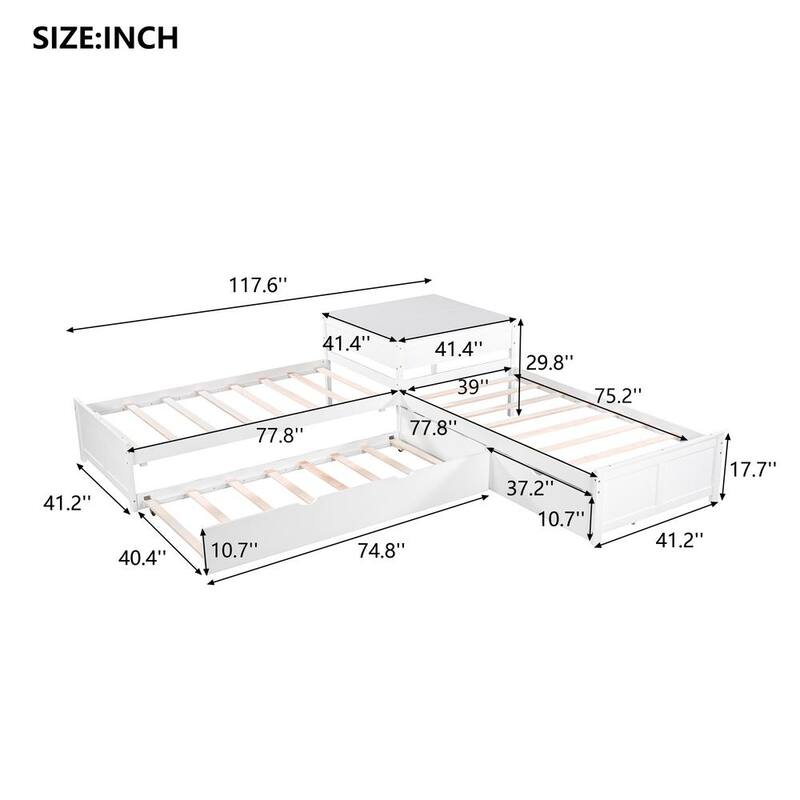 117.60 in. W White Twin L-Shaped Platform Bed with Trundle and Drawers Linked with Built-in Desk