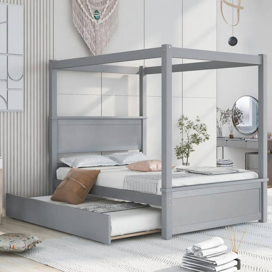 79.50 in. W Gray Full Size Wood Canopy Platform Bed with Trundle Bed No Box Spring Needed