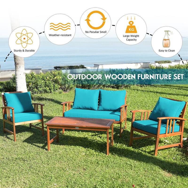 8-Piece Teak Cushioned Garden Patio Furniture Table Sofa Chair Set Cover Turquoise Cushions