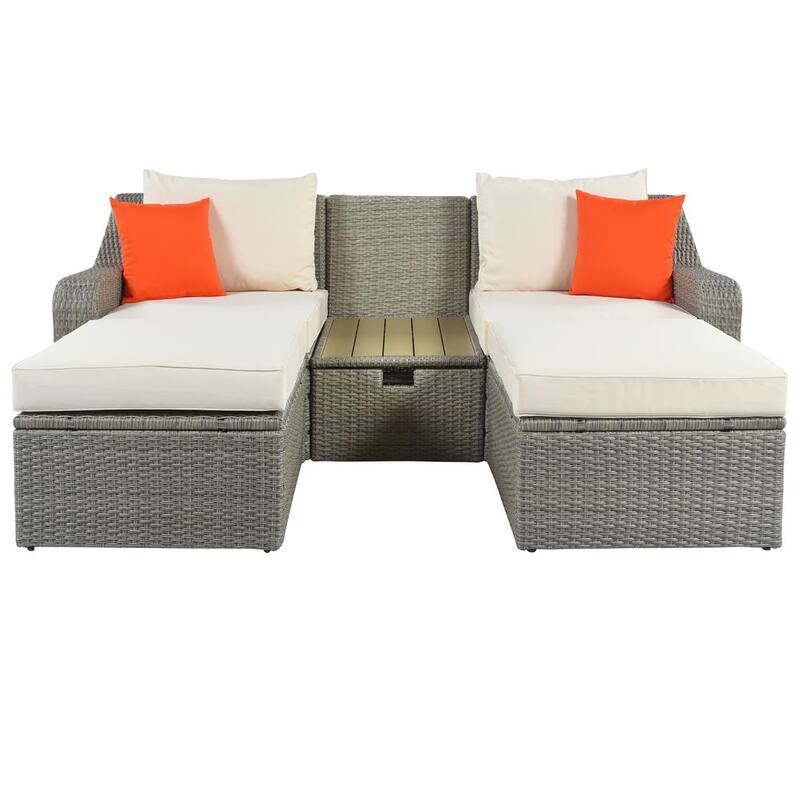 3-Piece Gray Wicker Outdoor Sofa Set Loveseat with Beige Cushions and Lift Top Coffee Table