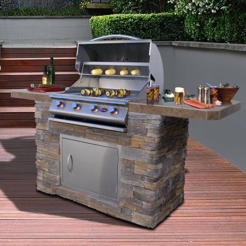 4-Burner 7 ft. Stone Veneer Propane Grill Island in Stainless Steel