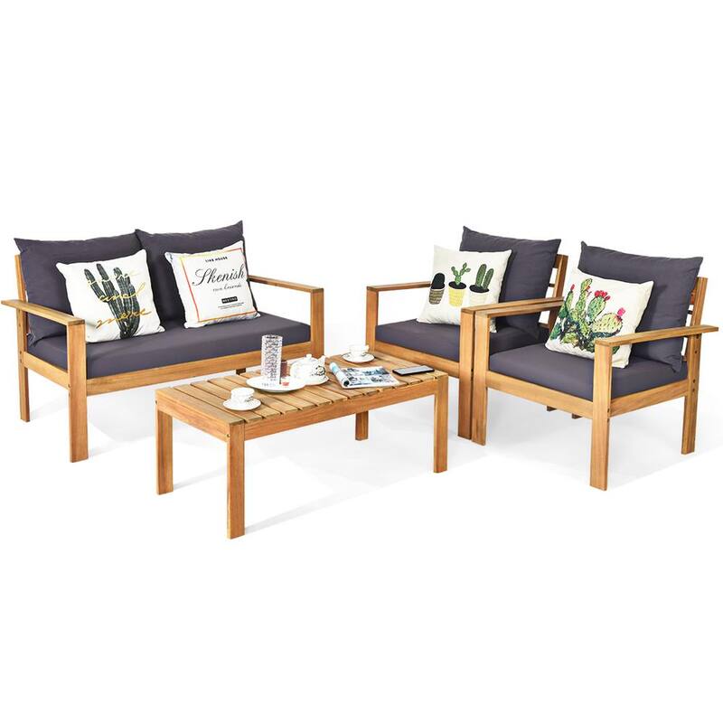 4-Piece Wood Outdoor Sectional Set Conversation Sofa Table Furniture Set with Grey Cushions