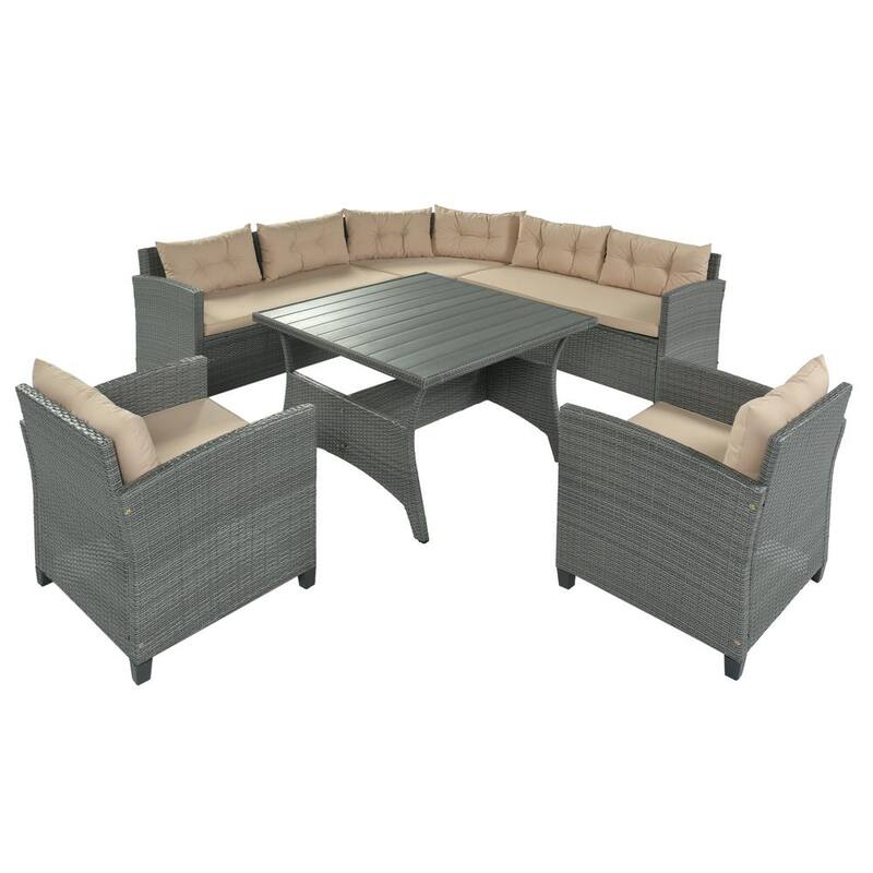 6-Piece Gray Wicker Outdoor Sectional Dining Set with Beige Cushions