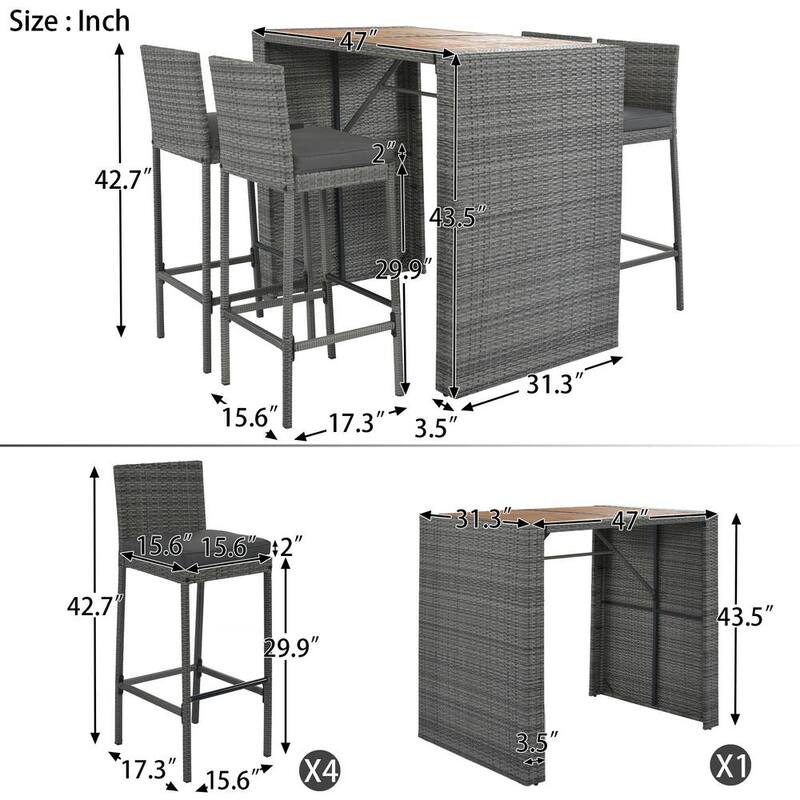 5-Piece Wicker Outdoor Dining Set with Gray Cushions and Acacia Wood Table Top