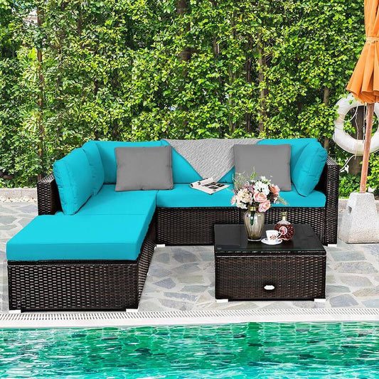 6-Piece Rattan Outdoor Patio Furniture Set with Turquoise Cushions