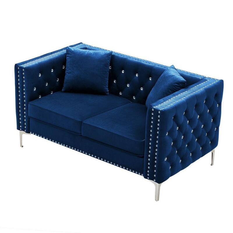 59.4 in. Blue Square Arm Microfiber Tufted 2-Seater Straight Sofa with Nailhead Trim and Removable Cushions