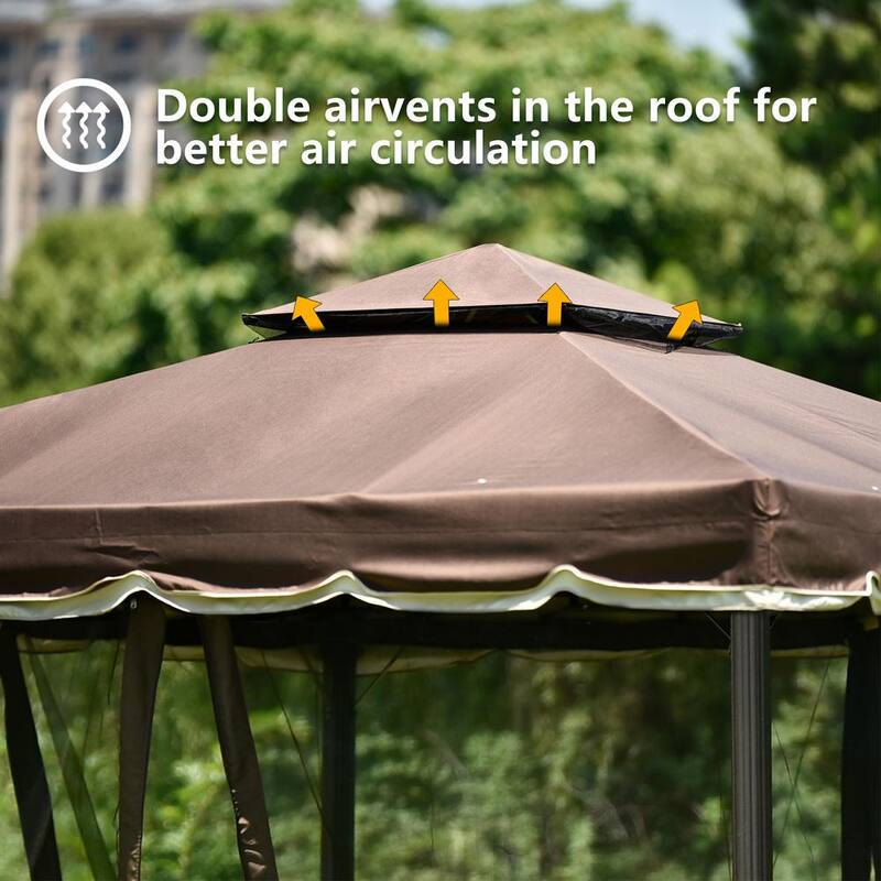 9.8 ft. x 8.8 ft. Brown Patio Gazebo Outdoor Steel Vented Dome Top with Netting for Backyard Poolside and Deck