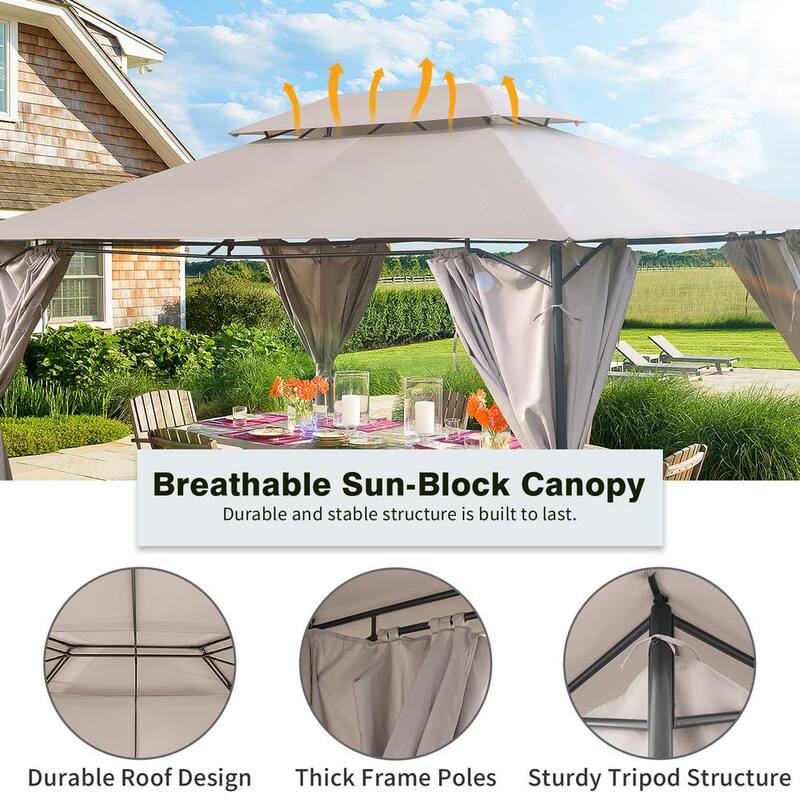 10 ft. x 13 ft. Iron Outdoor Double Roof Tops Gazebo with Mosquito Netting and Removable Curtains for Garden Khaki