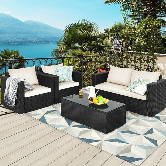 4-Piece Rattan Patio Conversation Set Outdoor Furniture Set w/Off White Cushions