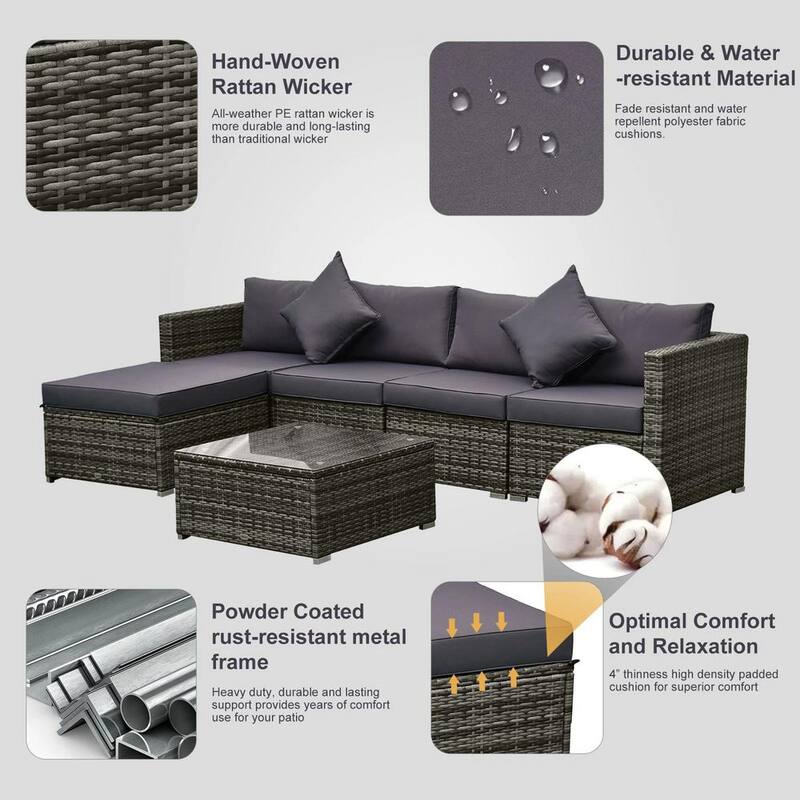 6-Piece Wicker Patio Conversation Set with Gray Cushions and Throw Pillows