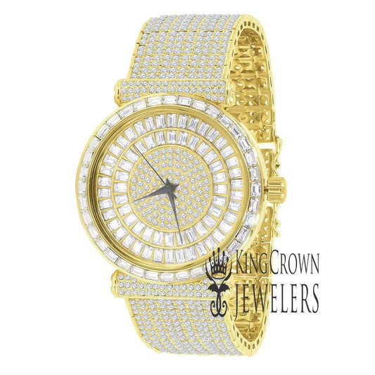 18K Yellow Gold Finish Mens Baguette Simulated Diamond Jo Rodeo 10 Row Custom Band Iced Out Bezel Luxury Watc