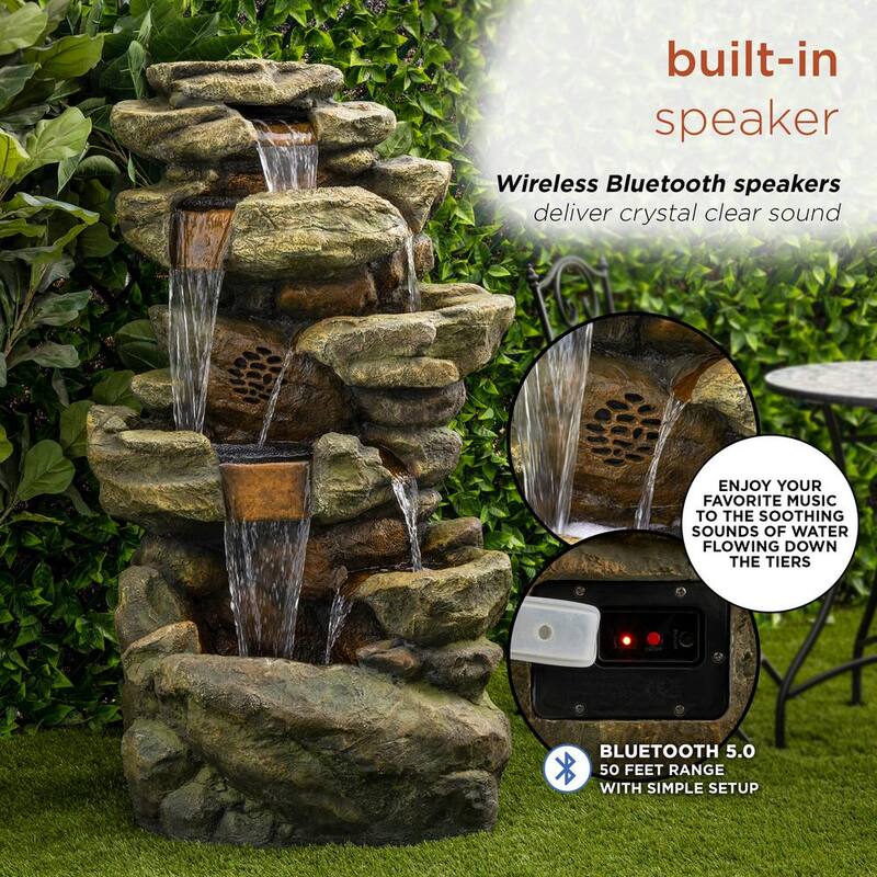 51 in. Tall Outdoor Rainforest Floor Tiered Fountain with LED Lights and Bluetooth Speaker