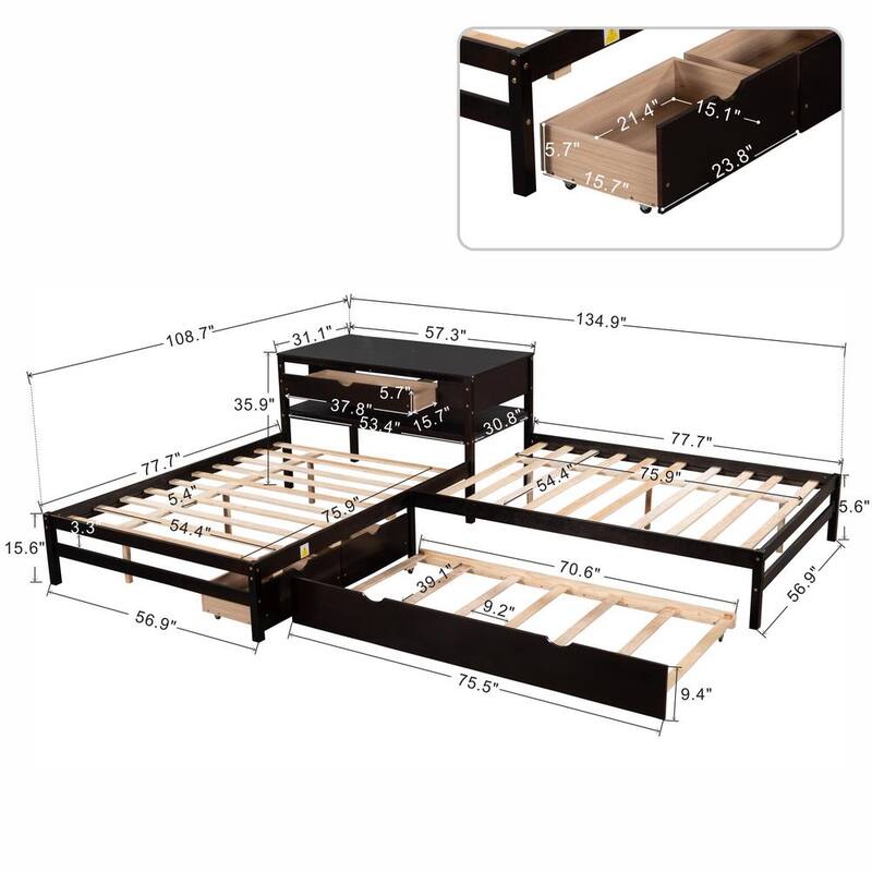 134.90 in. W Espresso Full Size L-shaped Platform Beds with Twin Size Trundle and Drawers