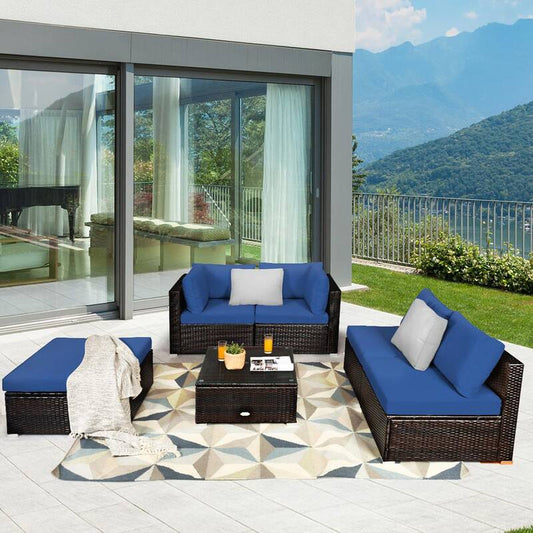 6-Piece Wicker Rattan Outdoor Patio Sectional Sofa Set Outdoor Furniture Set with Navy Cushions