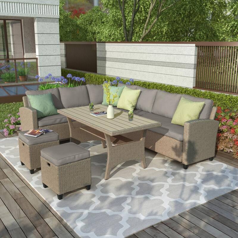 5-Piece Wicker Patio Conversation Set with Beige Cushions with Ottoman and Throw Pillows