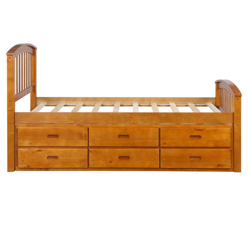 79 in. W Oak Twin Size Platform Storage Bed Solid Wood Bed with 6-Drawers