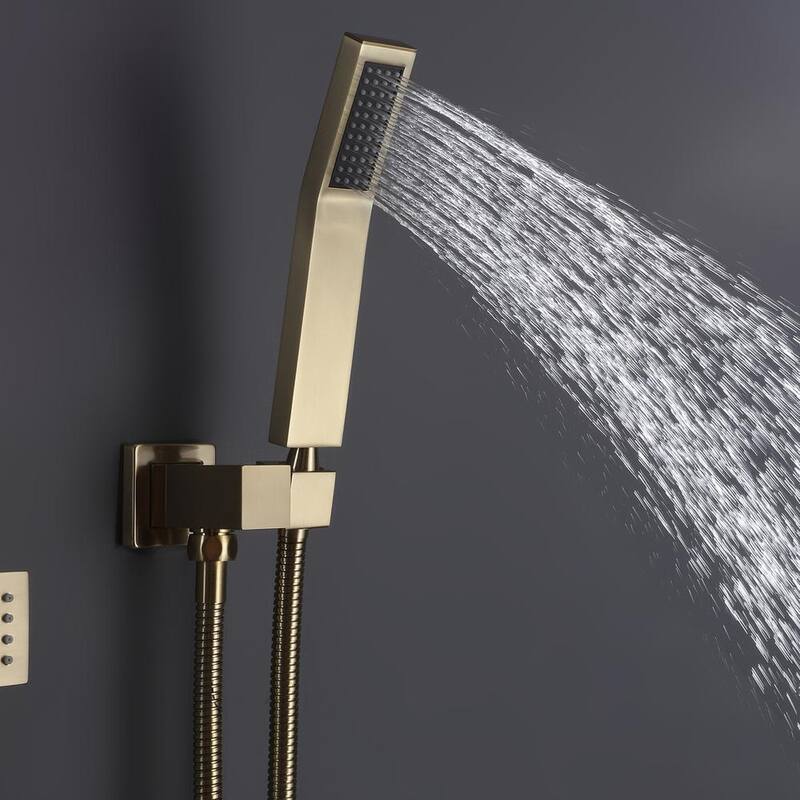 1-Spray Patterns with 1.8 GPM 10 in. Wall Mount Rain Dual Shower Heads with Body Jets in Brushed Gold