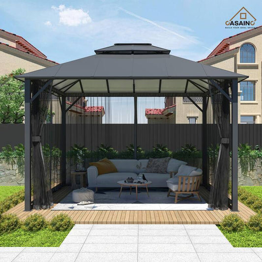 12 ft. x 10 ft. Outdoor Hardtop Insulated Aluminum Frame Patio Gazebo with Double Roof and Netting