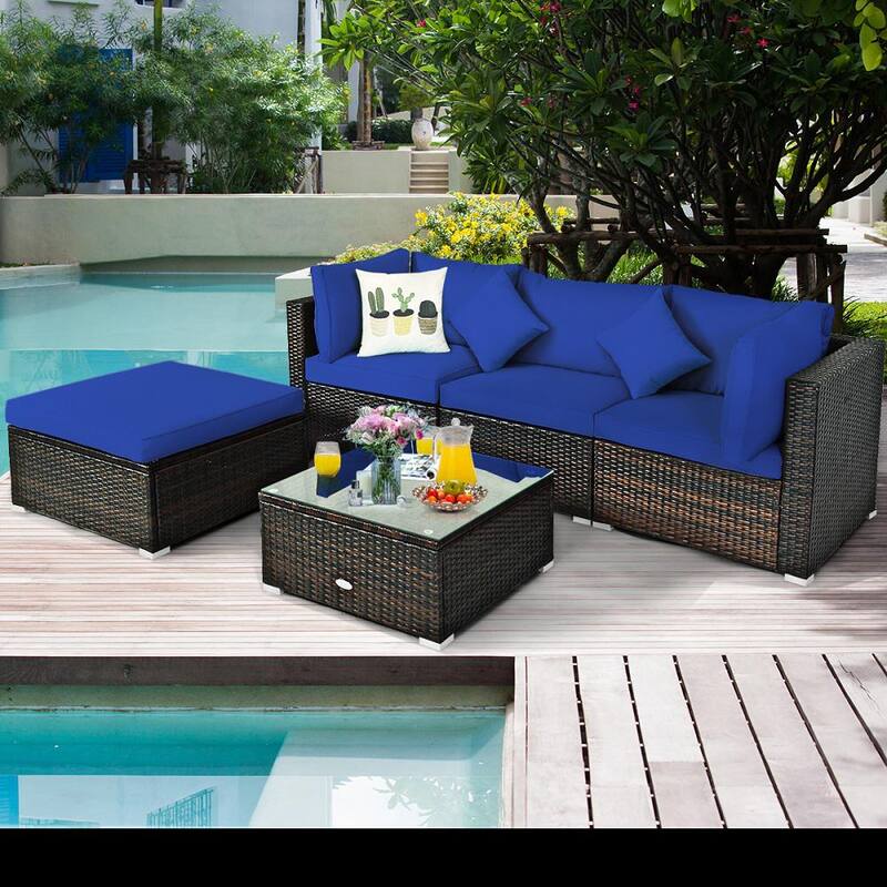 4-Piece Wicker Patio Conversation Set Sectional Loveseat Couch Sofa with Storage Box Coffee TableNavy Cushions