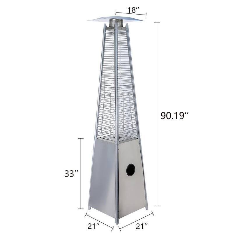 91 in. 40000 BTU Outdoor Patio Silver Pulse Ignition Iron Glass Tube Visual Flame Pyramid Patio Heater