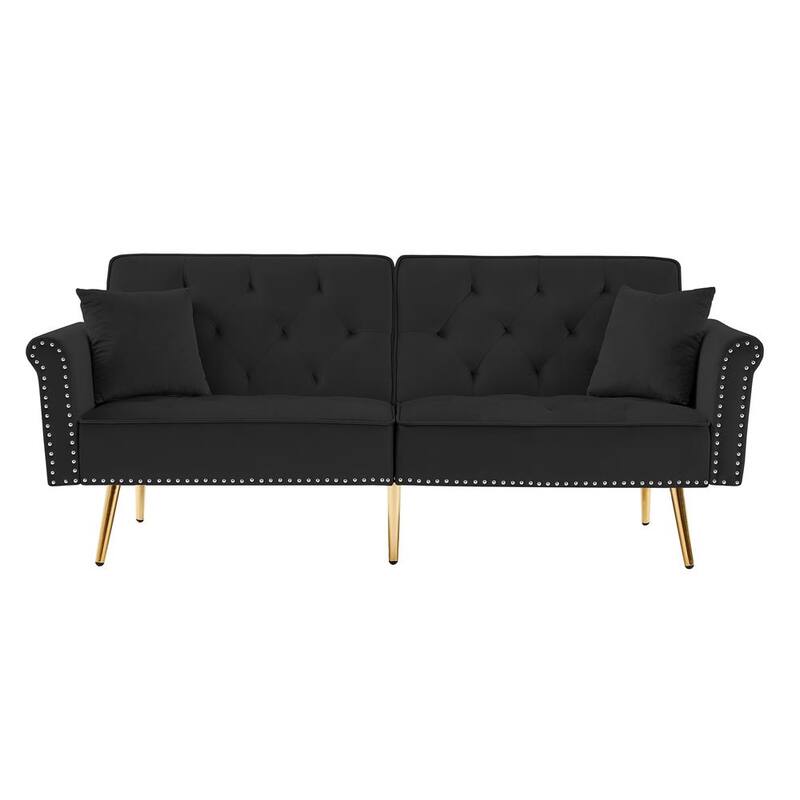 76.7 in. W Black Velvet Twin Size Sofa Bed with 2-Pillows and Nailhead Trim Loveseat Sofa Futon