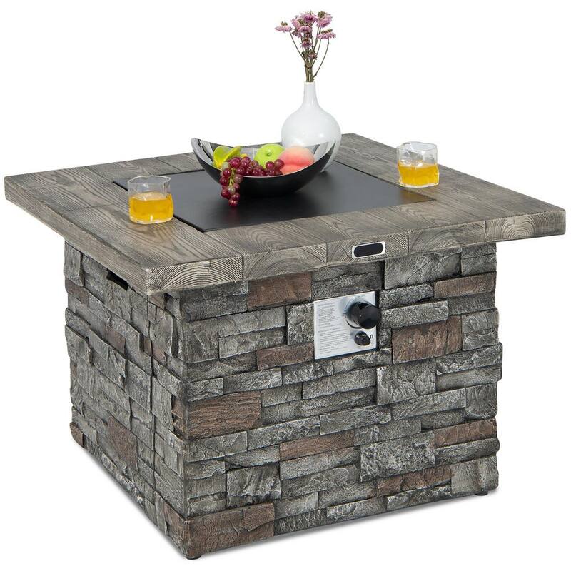 34.5 in. Square Propane Gas Fire Pit Table Faux Stone w/Lava Rock PVC Cover