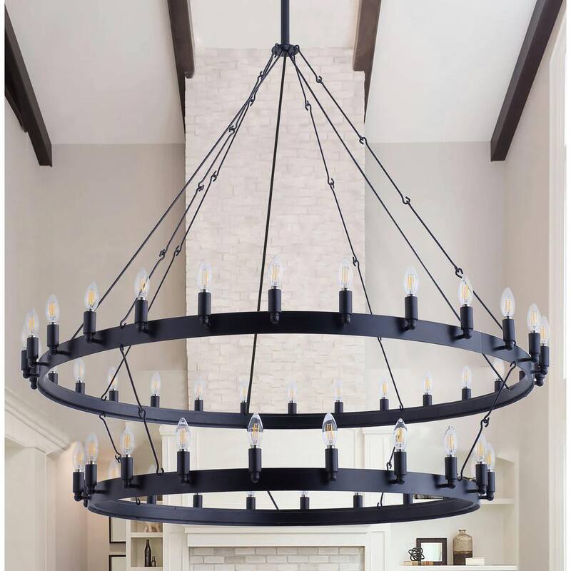 55.1 in. 48-Light Farmhouse Black 2-Tier Wagon Wheel Candle Chandelier Round Industrial Pendant Lighting