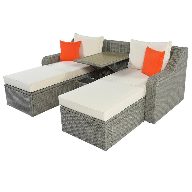 3-Piece Gray Wicker Outdoor Sofa Set Loveseat with Beige Cushions and Lift Top Coffee Table