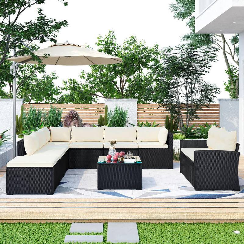 9-Piece Outdoor Wicker Patio Conversation Sofa Set with CushionGuard Beige Cushions for Poolside