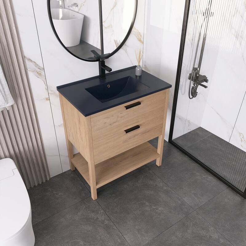 30 in. W x 18.3 in. D x 34 in. H Freestanding Bathroom Vanity Set in Imitative Oak with Integrated Black Ceramic Top