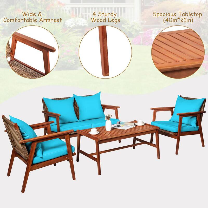 4-Pieces Wicker Patio Conversation Set Acacia Wood Frame with Turquoise Cushions