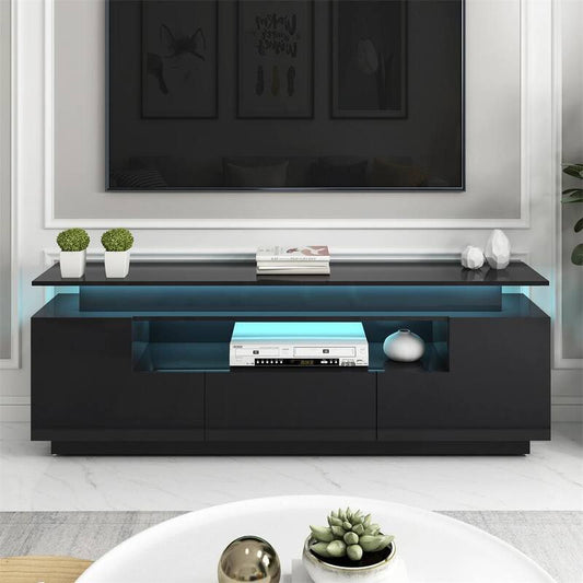 67 in. Black Modern Wood High Gloss TV Stand with 16-color LED Lights 2 Shelves 1 Drawer 2 Cabinets for 75+ inch TV