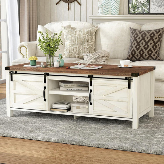 48 Modern Farmhouse Coffee Table with Adjustable Storage Cabinets Shelves Modern Coffee Table for Living Room with Sliding Barn DoorRetro White