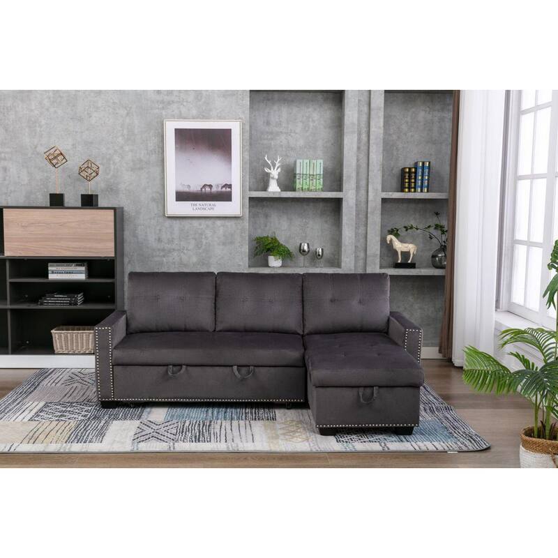 77 in. W Square Arm 2-Piece Dark Gray Velvet L Shaped Tufted Reversible Sectional Sofa w/Storage and Silver Nails