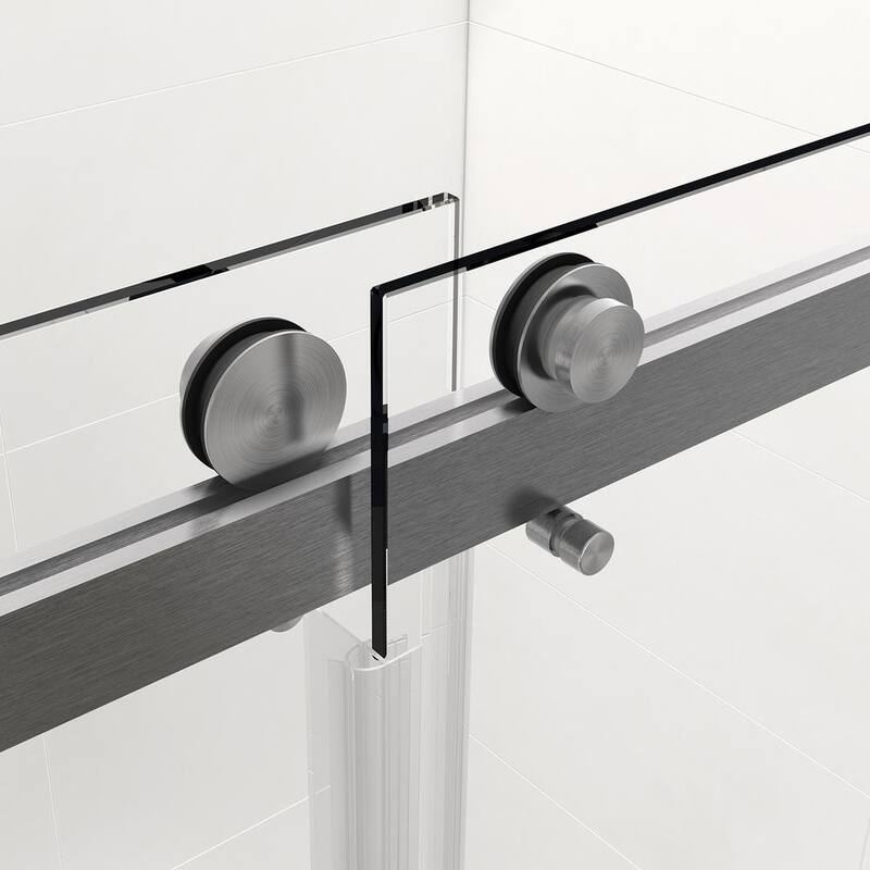 72 in. W x 76 in. H Double Sliding Frameless Shower Door in Brushed Nickel without Buffer