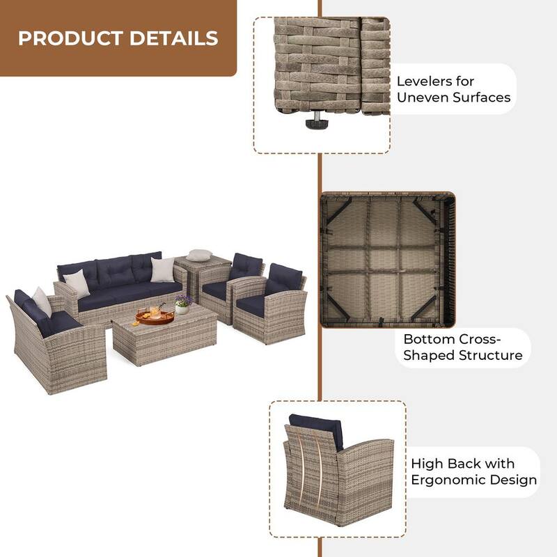 6-Piece Wicker Outdoor Patio Sectional Conversation Seating Set with Navy Blue Cushions