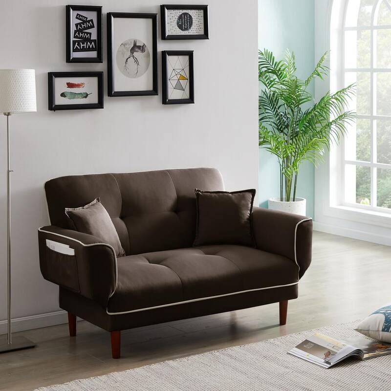 56.5 in. Brown Linen 2-Seater Loveseat Straight Sofa with 2-Pillows