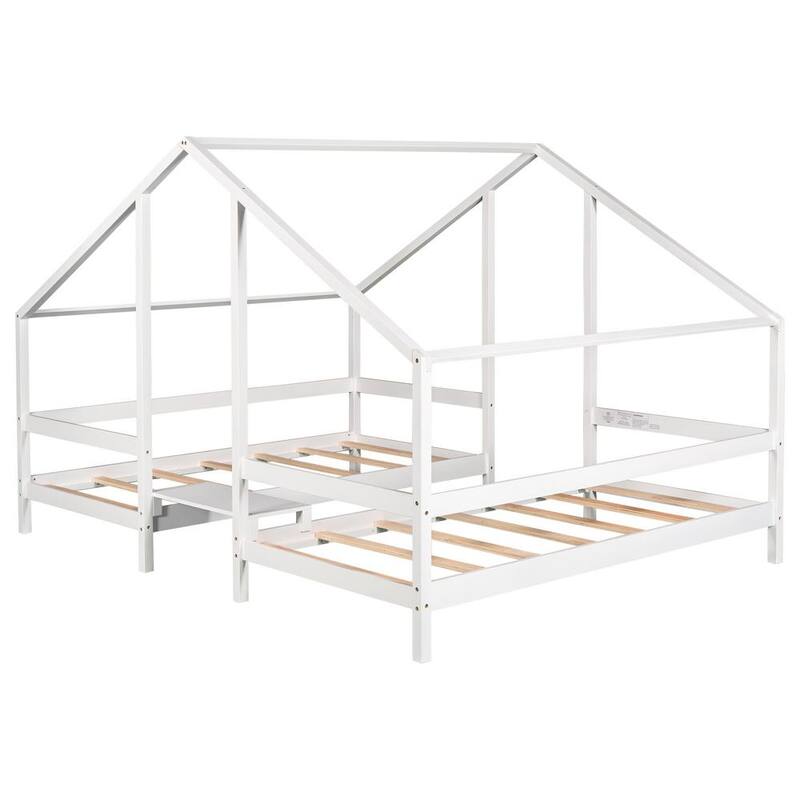 107 in. W White Twin Non-upholstered Wood Frame Canopy Bed Triangular House Beds with Built-in Table