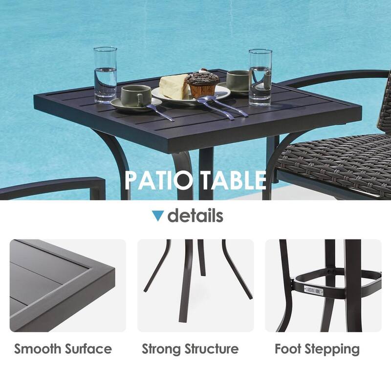 3-Piece All Weather Metal Outdoor Serving Bar Set with 2 Wicker Bar Stools and High Tiki Bar Table