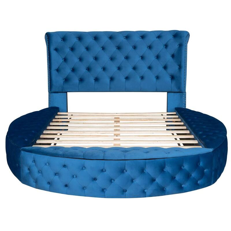 82 in.W Blue Full Size Round Velvet Upholstered Low Profile Platform Bed with Storage Space on Both Sides and Footboard