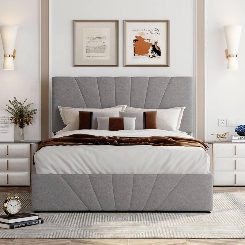 77.9 in. W Gray Linen Wood Frame Full Platform Bed with a Hydraulic Storage System