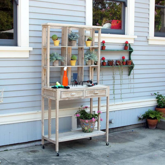 67 in. Tall Indoor/Outdoor Rustic Wooden Potting Hutch with Shelves and Drawers