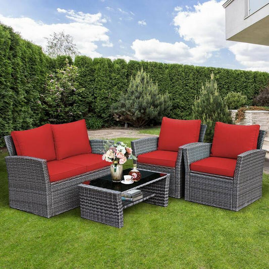 4-Piece Wicker Patio Conversation Set with Red Cushions