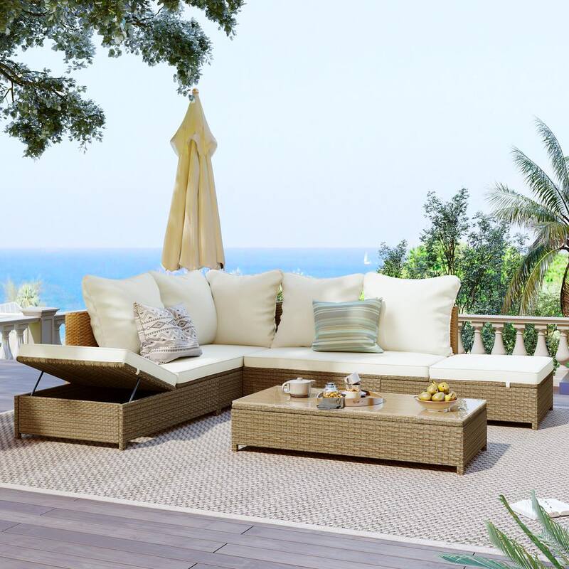 3-Piece Natural Brown Wicker Outdoor Sectional Set with Beige Cushions